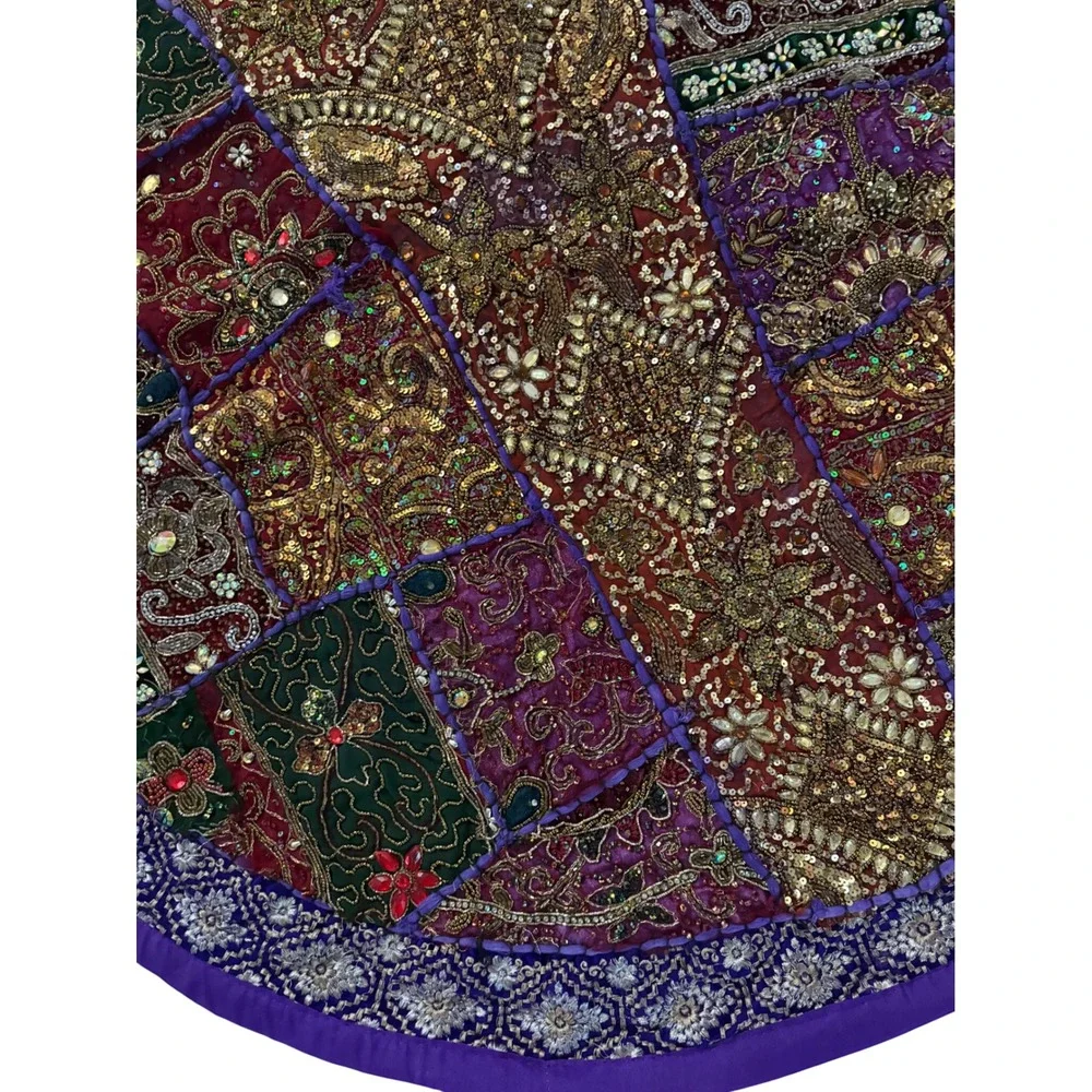 Handmade Indian Patchwork Round Tapestry Gold Zardosi Beaded Boho Purple 22in